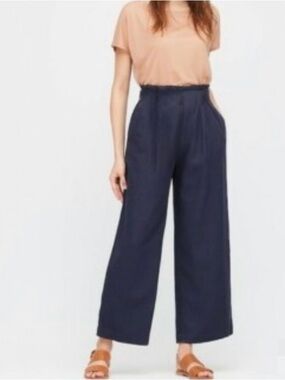 Hana Tajima Uniqlo Navy Linen Rayon High Waist Elastic Wide Leg Pants Size M NWT